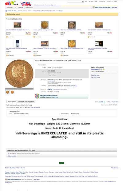 irishtommy247's eBay Listing Using our 2000 Gold Half Sovereign Photograph